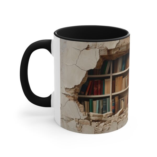 a bookshelf filled with books in the background, cracked wall with hole showing through, a few open and falling down on top of each other, hyper reali ( (3)