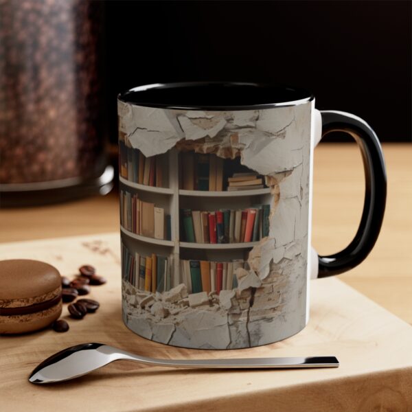 a bookshelf filled with books in the background, cracked wall with hole showing through, a few open and falling down on top of each other, hyper reali ( (3)