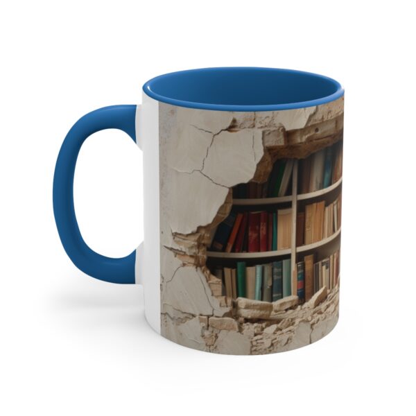 a bookshelf filled with books in the background, cracked wall with hole showing through, a few open and falling down on top of each other, hyper reali ( (3)