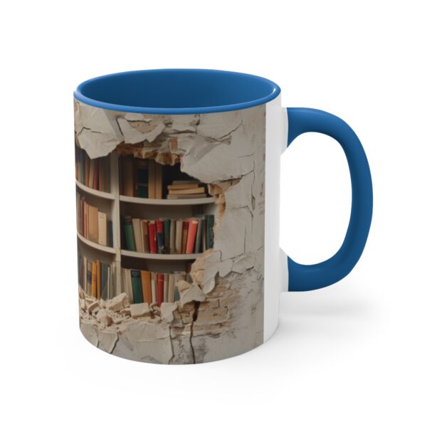 a bookshelf filled with books in the background, cracked wall with hole showing through, a few open and falling down on top of each other, hyper reali ( (3)