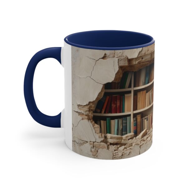 a bookshelf filled with books in the background, cracked wall with hole showing through, a few open and falling down on top of each other, hyper reali ( (3)