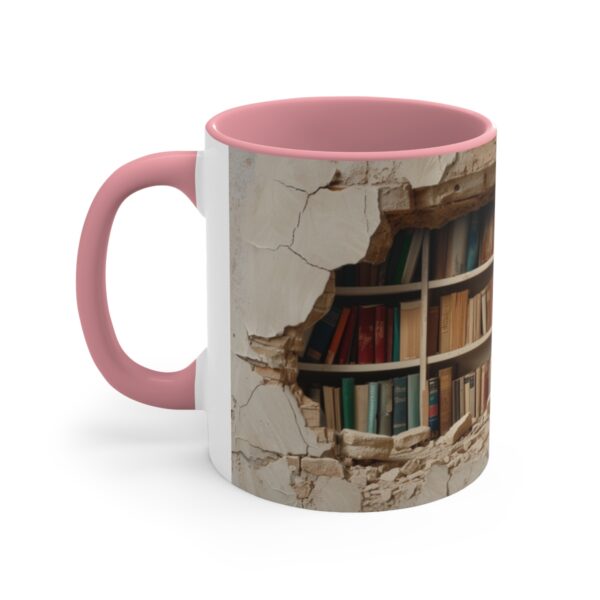 a bookshelf filled with books in the background, cracked wall with hole showing through, a few open and falling down on top of each other, hyper reali ( (3)