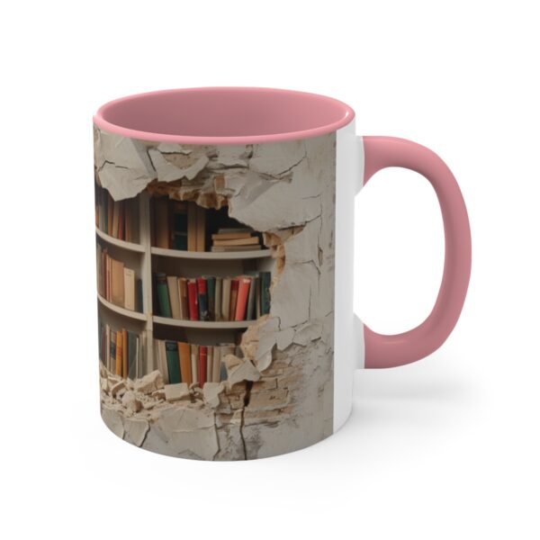 a bookshelf filled with books in the background, cracked wall with hole showing through, a few open and falling down on top of each other, hyper reali ( (3)