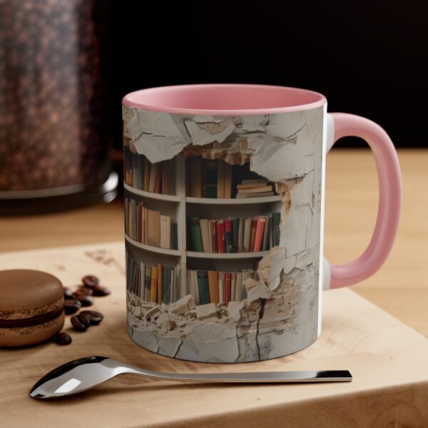 a bookshelf filled with books in the background, cracked wall with hole showing through, a few open and falling down on top of each other, hyper reali ( (3)