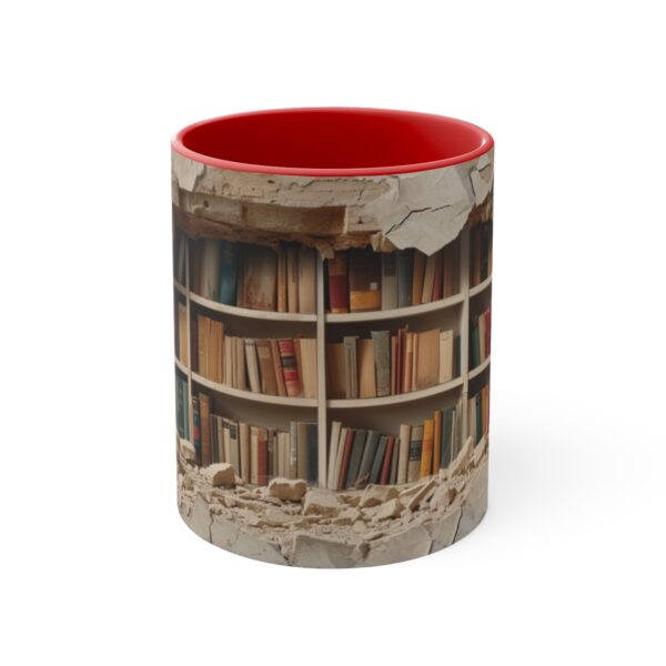 a bookshelf filled with books in the background, cracked wall with hole showing through, a few open and falling down on top of each other, hyper reali ( (3)