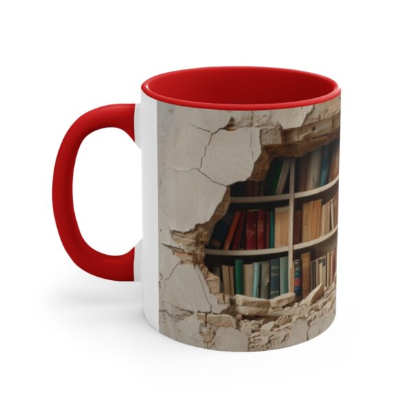 a bookshelf filled with books in the background, cracked wall with hole showing through, a few open and falling down on top of each other, hyper reali ( (3)