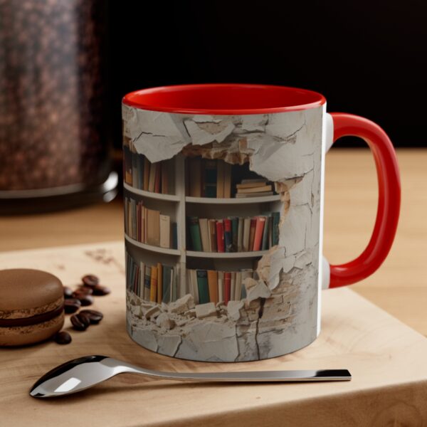 a bookshelf filled with books in the background, cracked wall with hole showing through, a few open and falling down on top of each other, hyper reali ( (3)